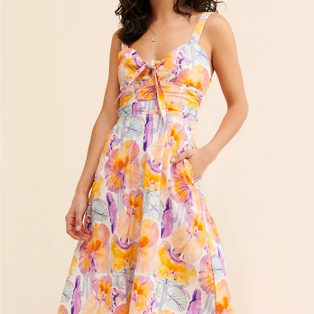 Anthropologie Floral Midi Dress with Yellow and Purple